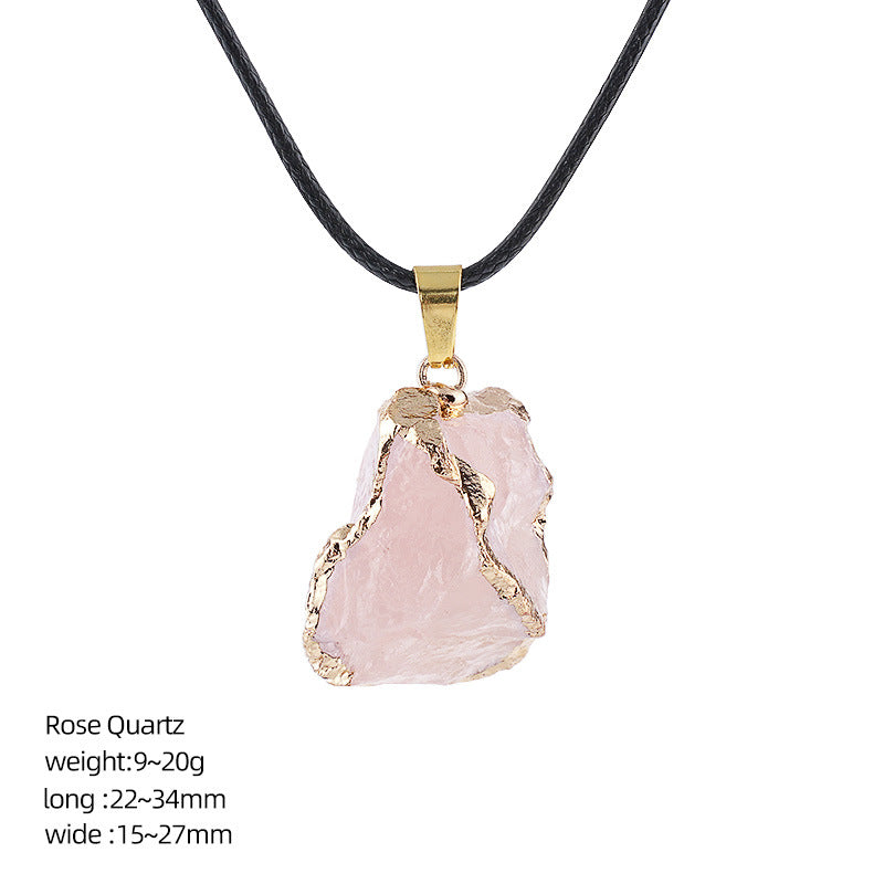 Wholesale Natural Crystal Raw Stone Pendant Necklace with Leather Rope Chain Irregular Hand-Hammered Electroplated Fashion Jewelry