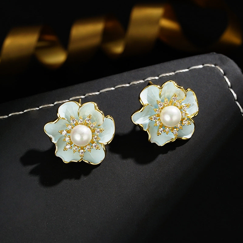 Wholesale Zirconium Pearl Flower Earrings