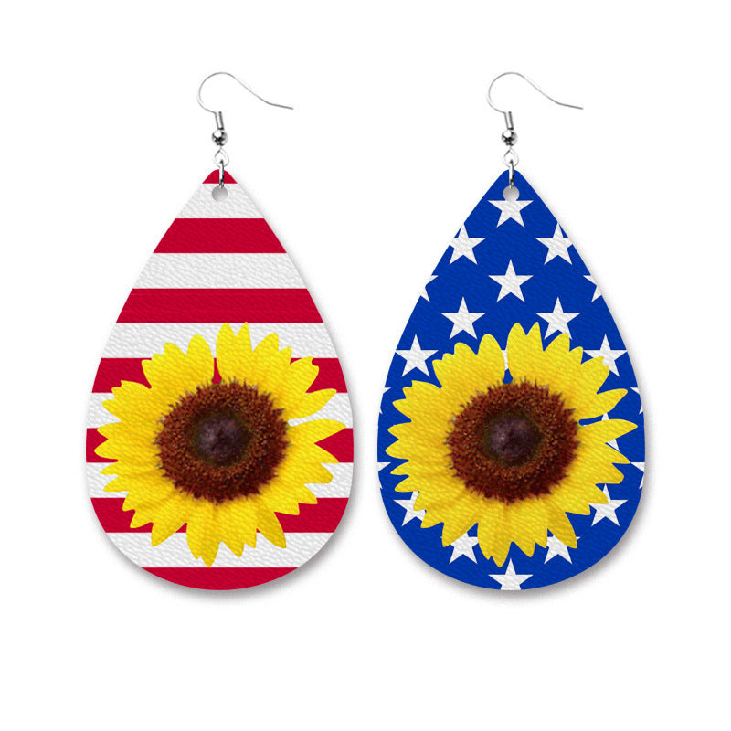 Wholesale 2 Pairs/pack American Independence Day Heart Shape Drop Shape Sunflower Cross Leather Earrings ACC-ES-HY051