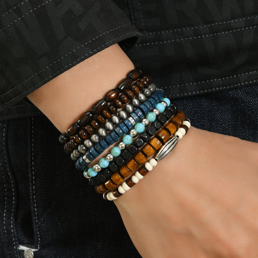 Wholesale Wooden 8-piece set turquoise beaded bracelet