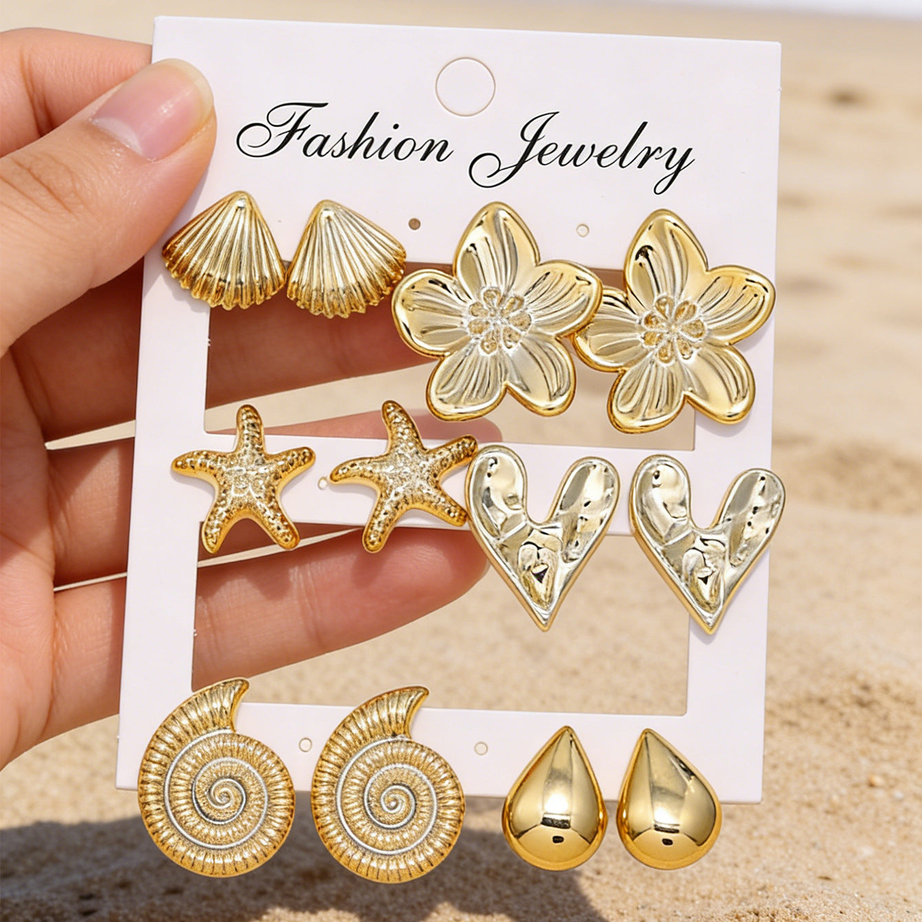 Wholesale 6 Pairs Gold Resin Stud Earrings Set For Women Flower Starfish Pattern Asymmetric European American Style Chic Fashion Accessory Gift