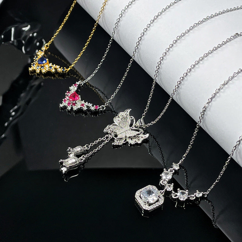 Wholesale  Light Luxury Geometric Butterfly Red and Blue Love Zircon Necklace