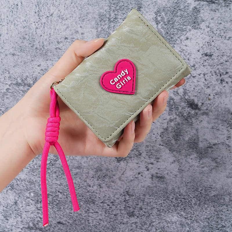 Wholesale PU Women' s Tri-Fold Wallet,  Korean Style Cute Heart Pattern,  Short Lanyard Purse,  Everyday Fashion Accessory