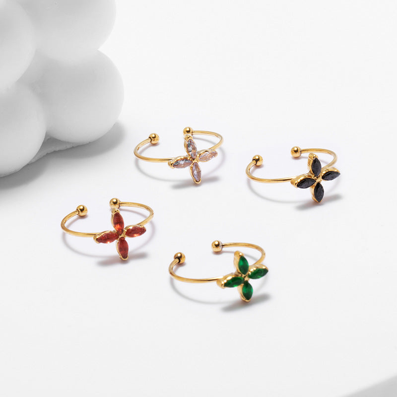 Wholesale Zircon Lucky Four-leaf Clover Open Stainless Steel Ring