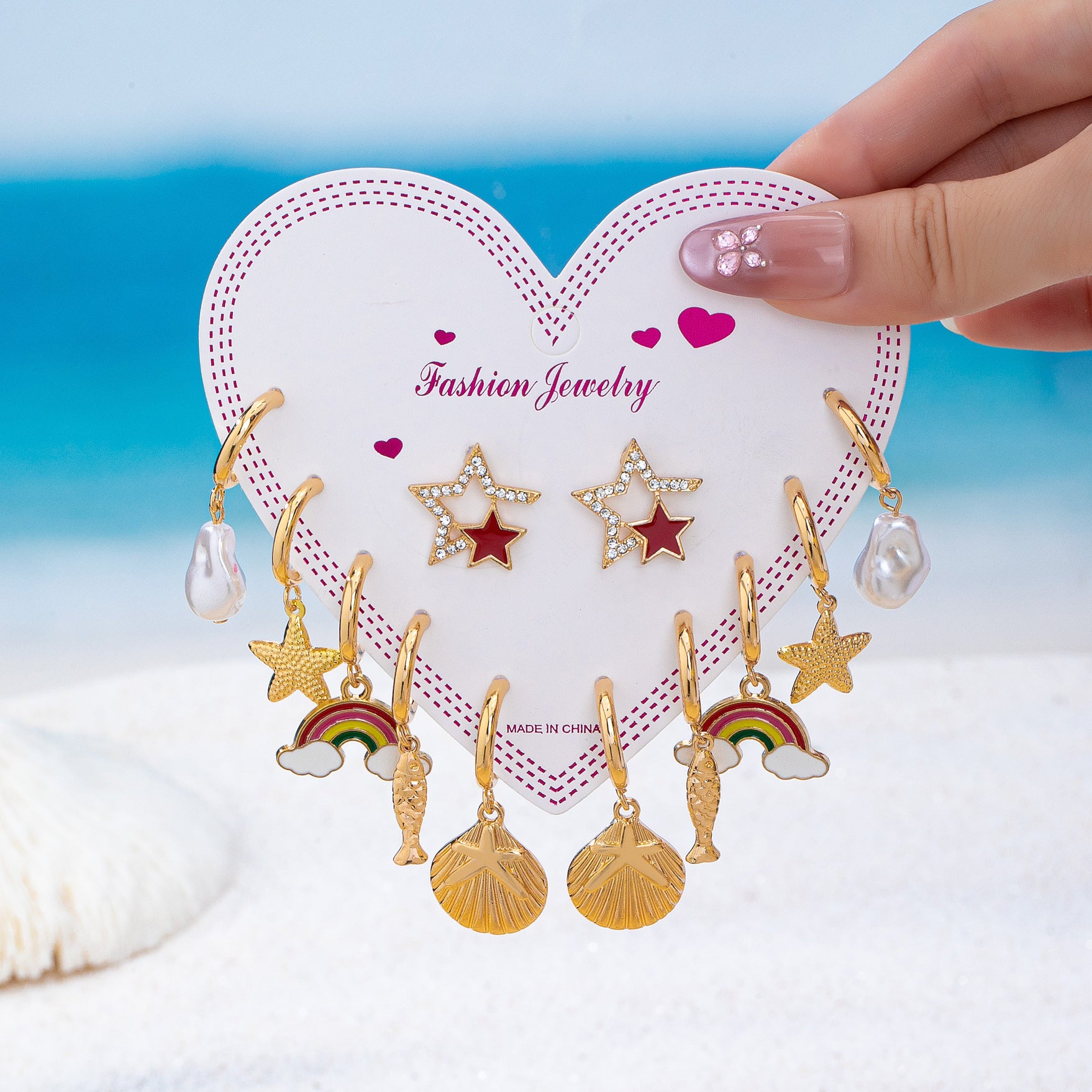 Wholesale Zinc Alloy Ocean Starfish Shell Earrings Set 6 Pairs Stylish Beach Vacation Jewelry Accessory Boutique Resale Gift