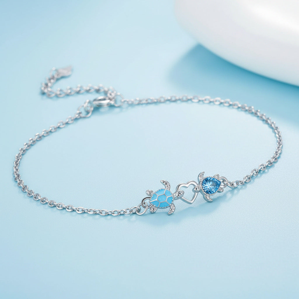Wholesale Ocean Style Double Turtle Heart Bracelet Blue Zirconia Silver Adjustable Fashion Accessory