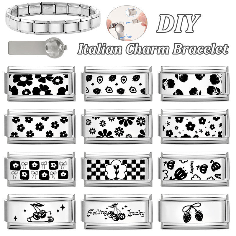Wholesale Italian Charm Bracelet 9mm DIY Splicing Long Black and White Series Stainless Steel Composable Bracelet
