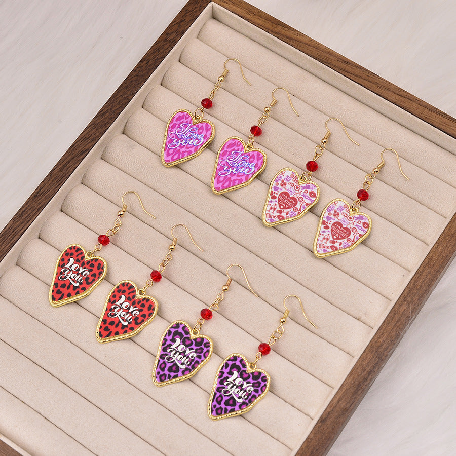Wholesale Exaggerated Stylish Leopard Print Heart Valentine' s Day Love Letter Earrings