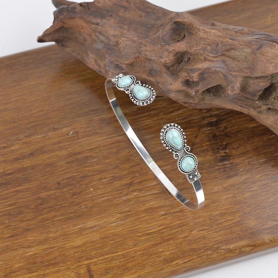 Wholesale Adjustable Electroplated Turquoise-inlaid Vintage Bohemian Style Open Bracelet