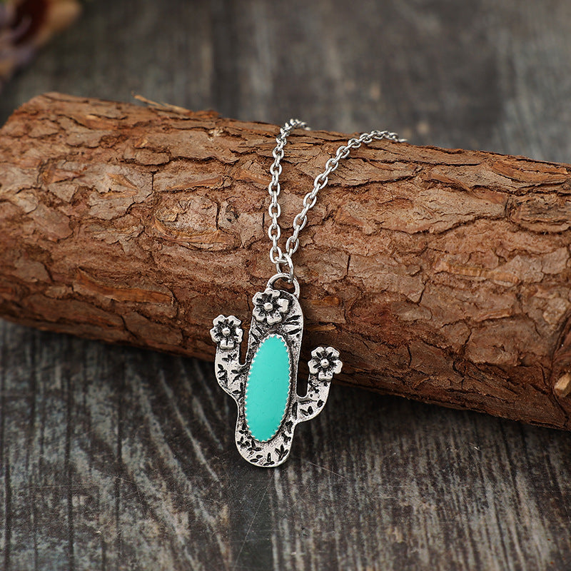 Wholesale Retro Cactus Turquoise Inlay Alloy Pendant Necklace - Boutique Resale Jewelry