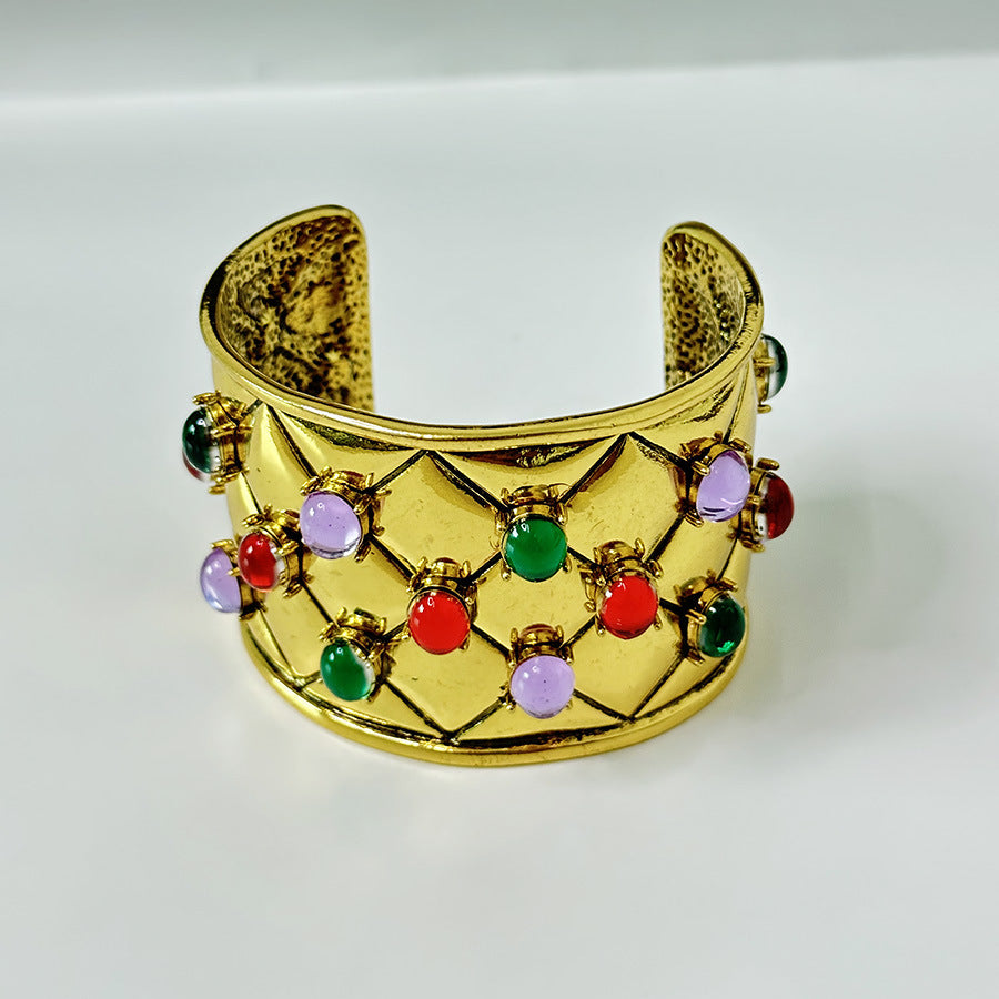 Wholesale  Old Diamond Plaid Color Gem Wide Bracelet