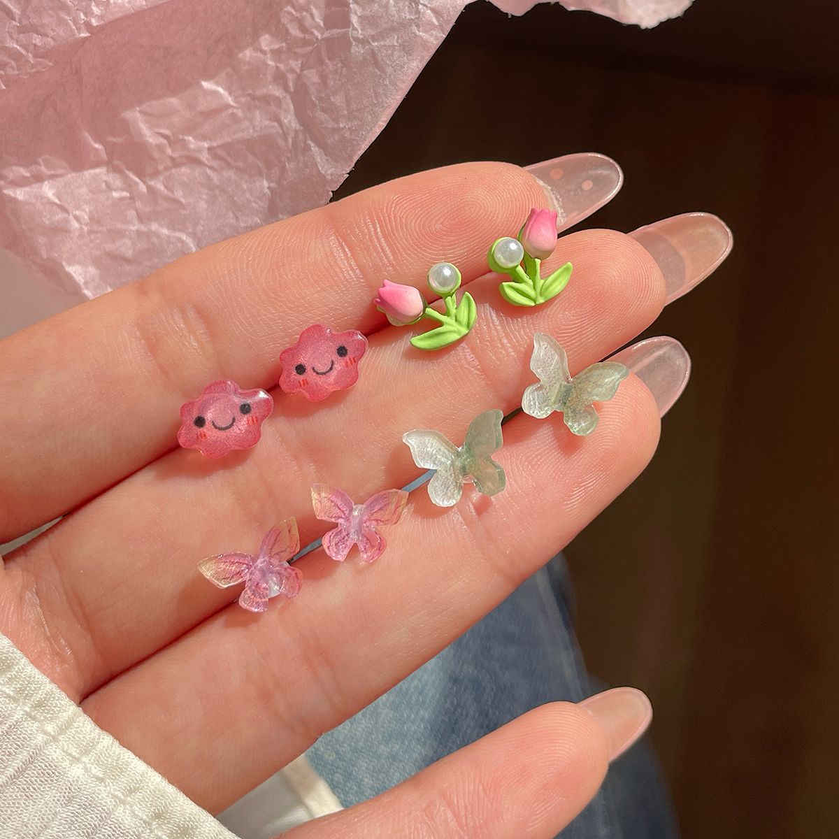 Wholesale Sweet and fresh silver needle small floral and fruit earrings