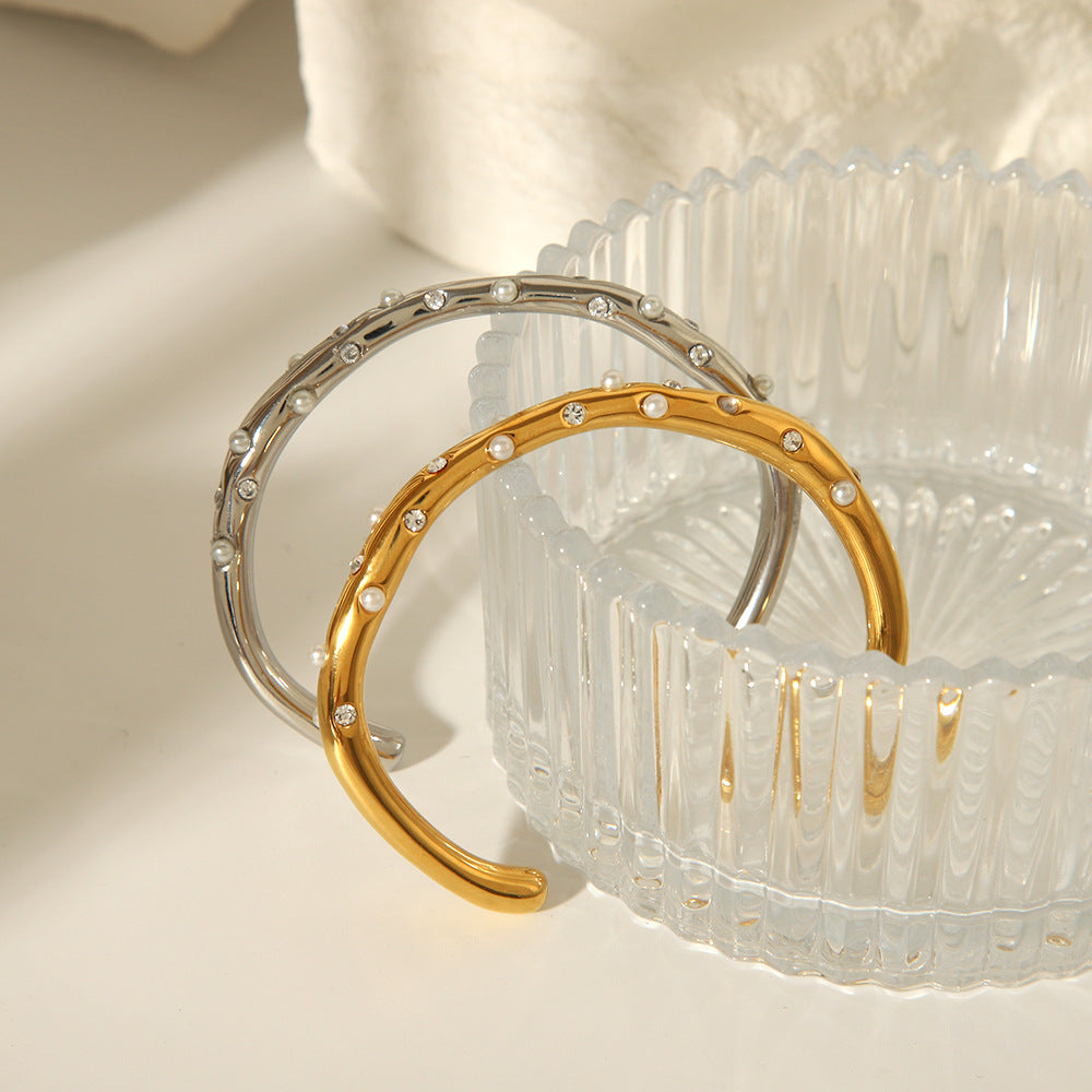 Wholesale Vintage Stainless Steel Bracelets 18K Zircon Pearl Open High Bracelet Luxury Bracelet ACC-BT-ChengBing003