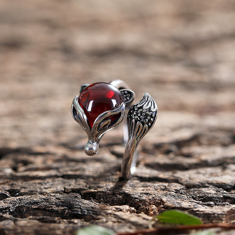 Wholesale Chalcedony Pomegranate Red Vintage Fox Open Adjustable Ring