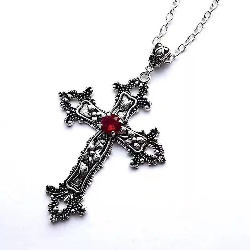 Wholesale Gothic Ruby Cross Necklace  Retro Flower Lover Pendant