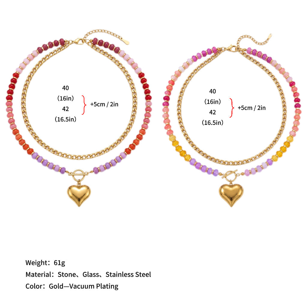 Wholesale Rainbow Layered Beaded Necklace Heart Pendant Natural Stone Titanium Steel Chain For Women Boutique Resale