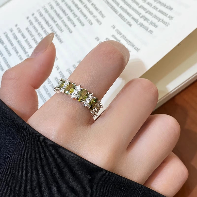 Wholesale Geometric Full Diamond Ring Adjustable Jaw in Silver Olive Green Boutique Jewelry Accessory for Everyday Wear