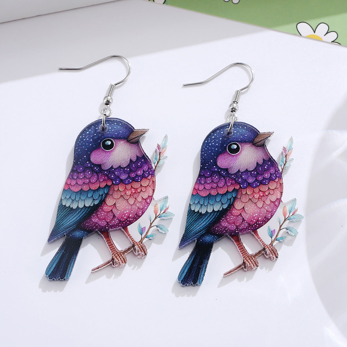 Wholesale Cute colorful bird hummingbird flower branch acrylic pendant earrings