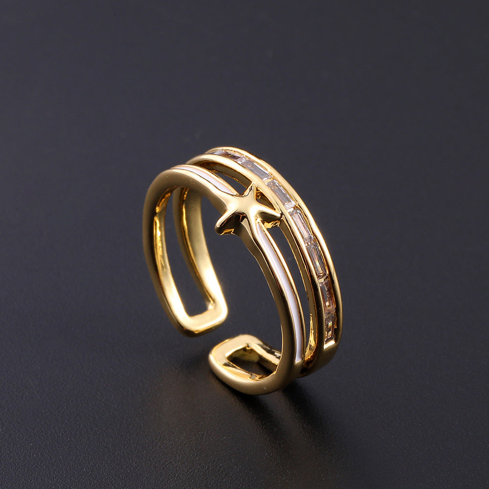 Wholesale European Fashion Sparkling Gold Plated Copper Zircon Open Ring Geometric Chic Jewelry Accessory Gift