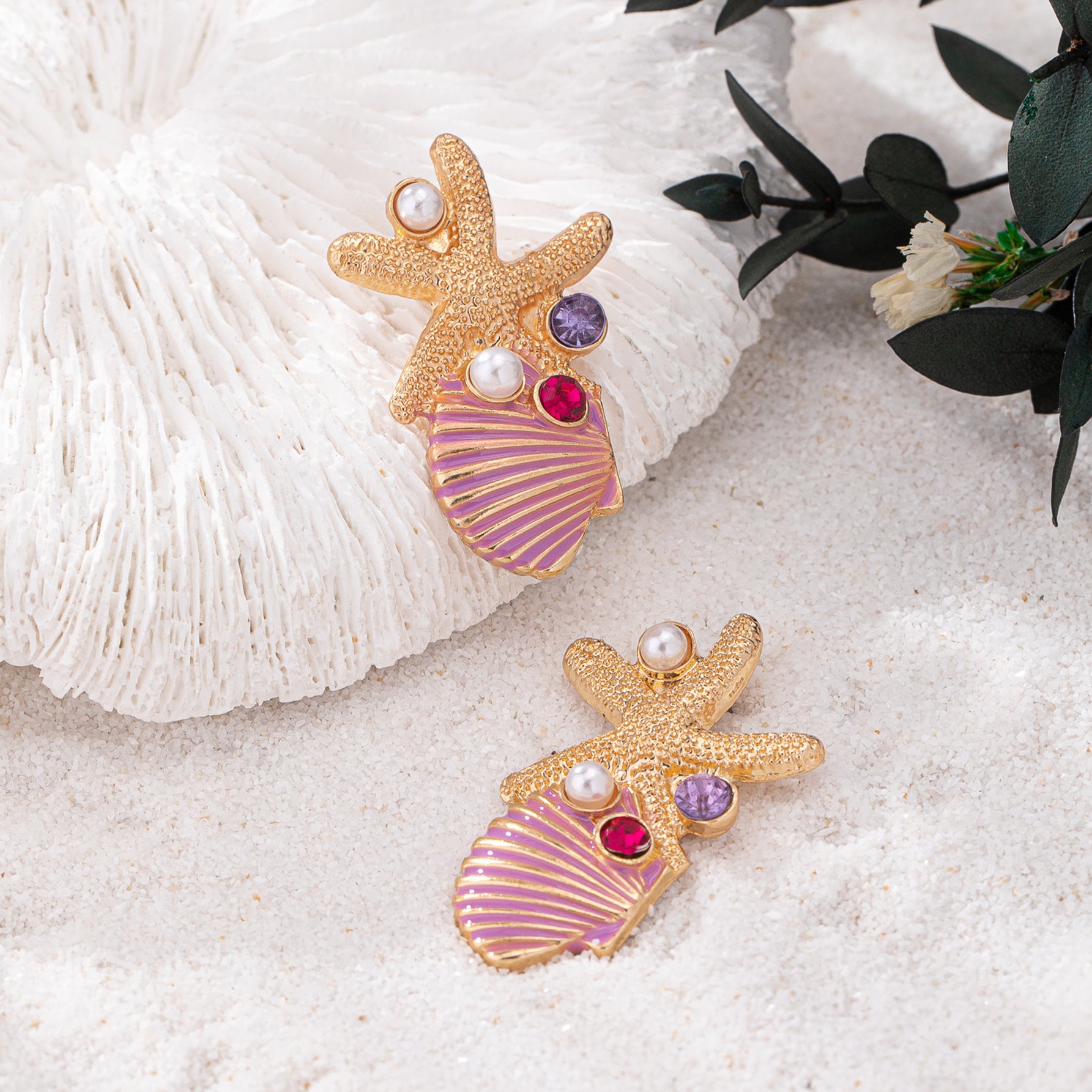 Wholesale Vacation Style Pink Shell Starfish Pearl Rhinestone Earrings For Women Trendy Jewelry Accessory