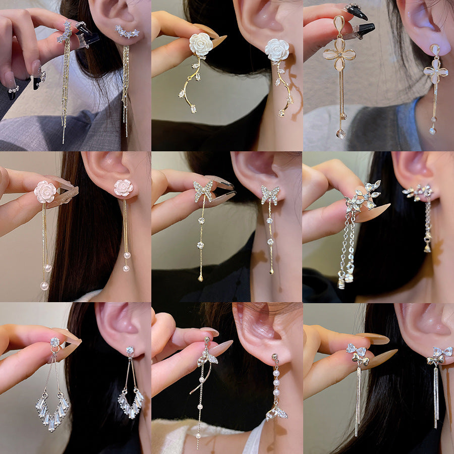 Wholesale Shiny Pearl Bow Tassel Butterfly Copper S925 Silver Needle Earrings Pearl Earrings Bow Earrings ACC-ES-LvSha003