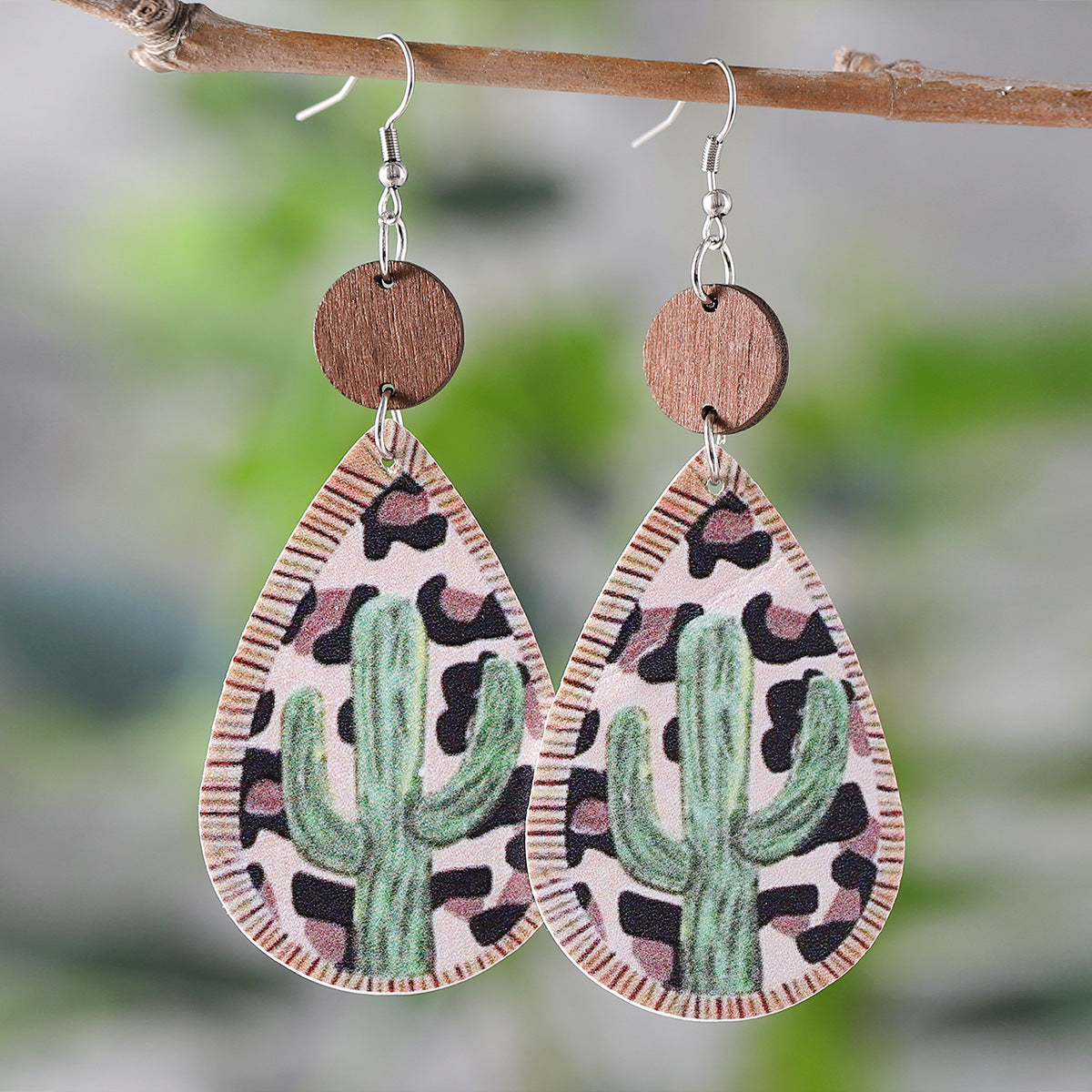 Wholesale Sunflower Cactus Water Drop Wood Leather Double Sided Earrings ACC-ES-ChuLian110