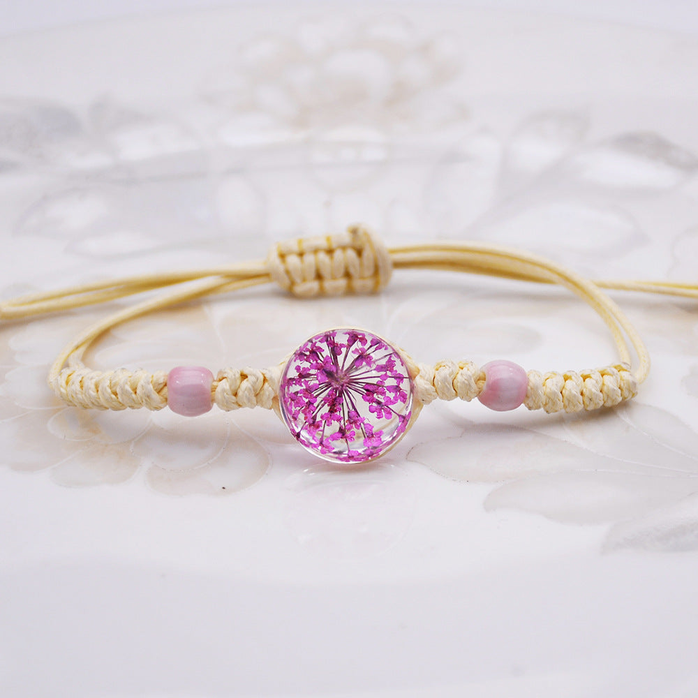 Wholesale Women' s Handmade Dried Flower Bracelet with Glass Ball Charm,  Red,  Boutique Resale Gift for Everyday Wear