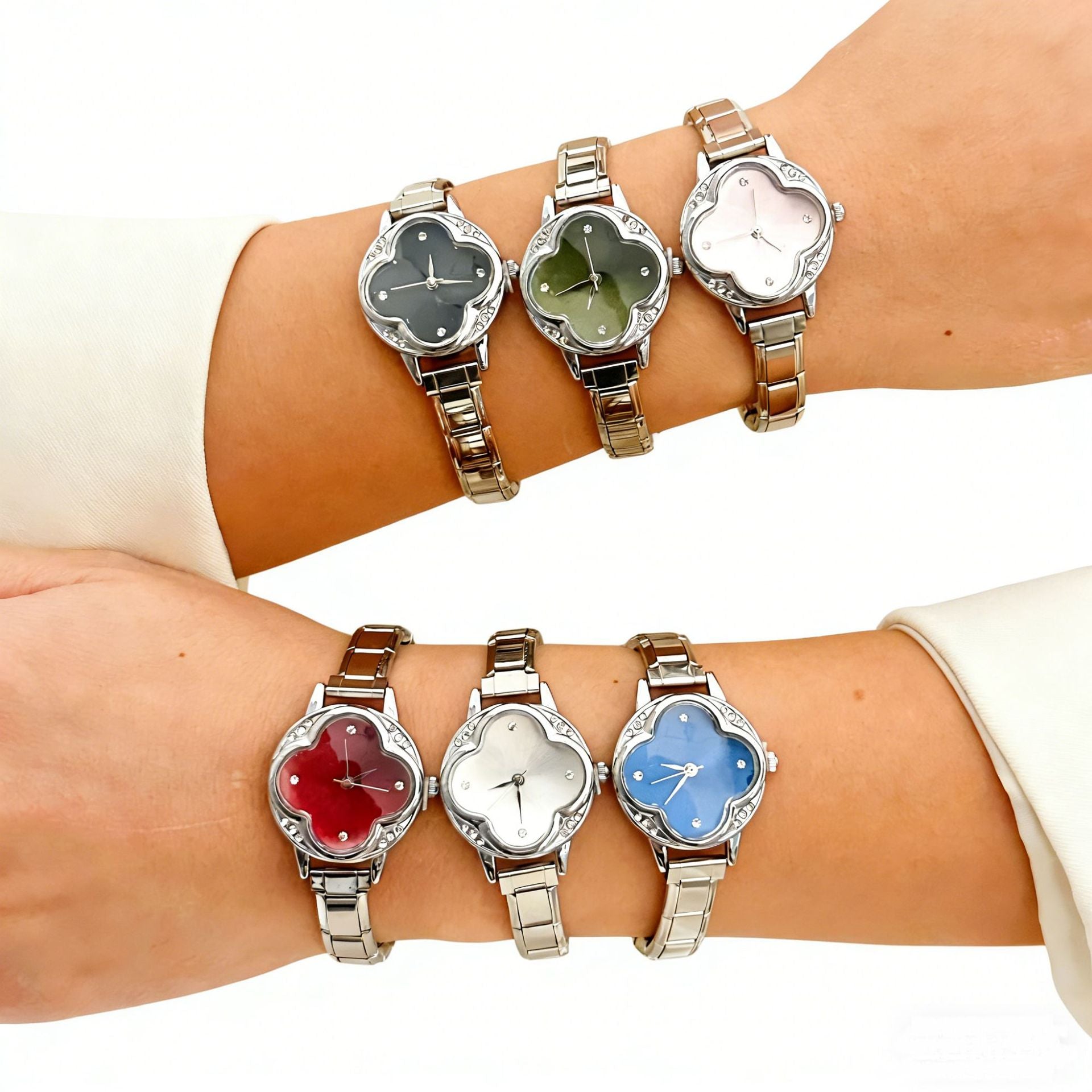 Wholesale Trendy Women' s Casual Quartz Watch with Ruby Four-Leaf Clover Diamond Design,  DIY Accessory for Resale
