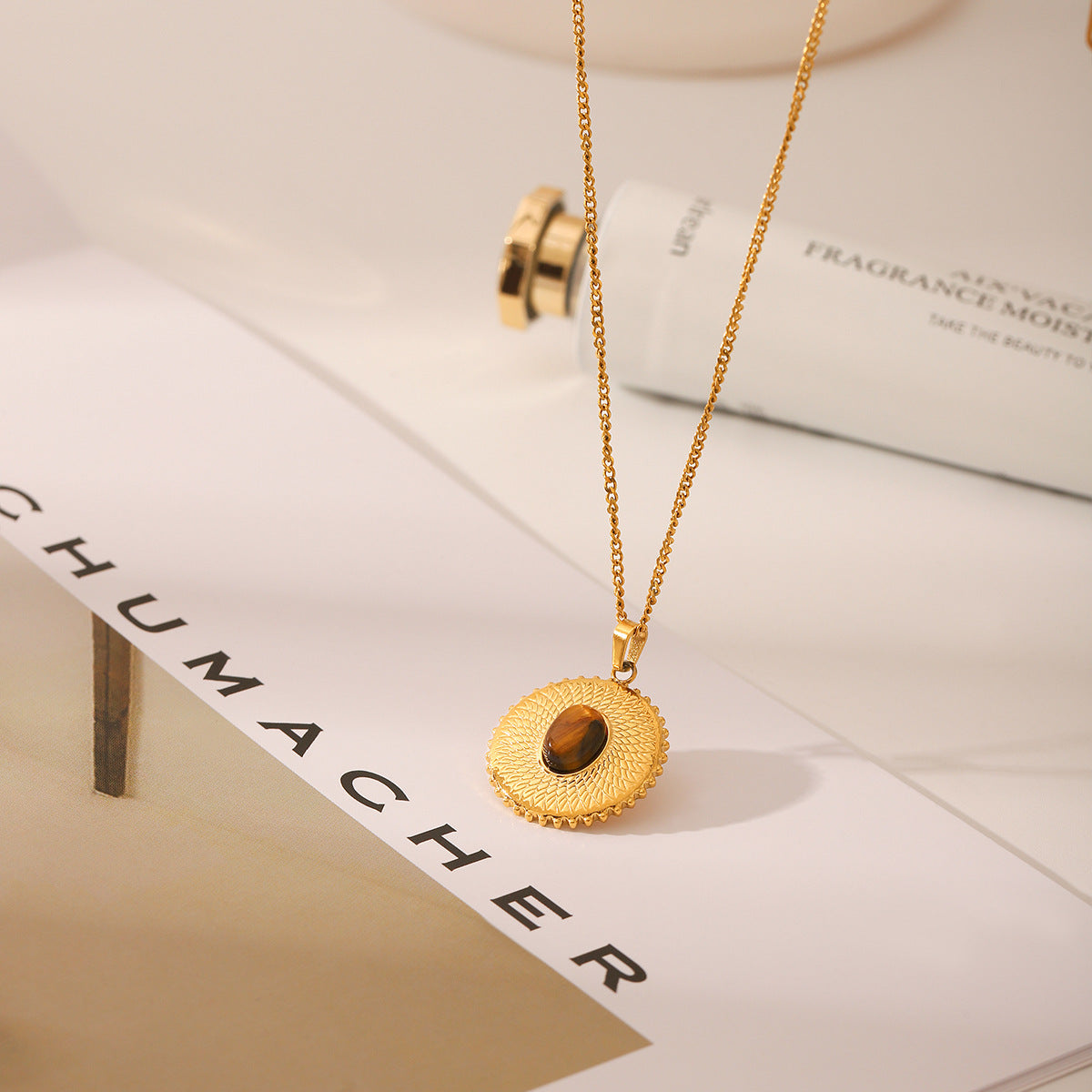 Wholesale  inlaid tiger's eye stone sunflower titanium steel pendant gold non-fading necklace