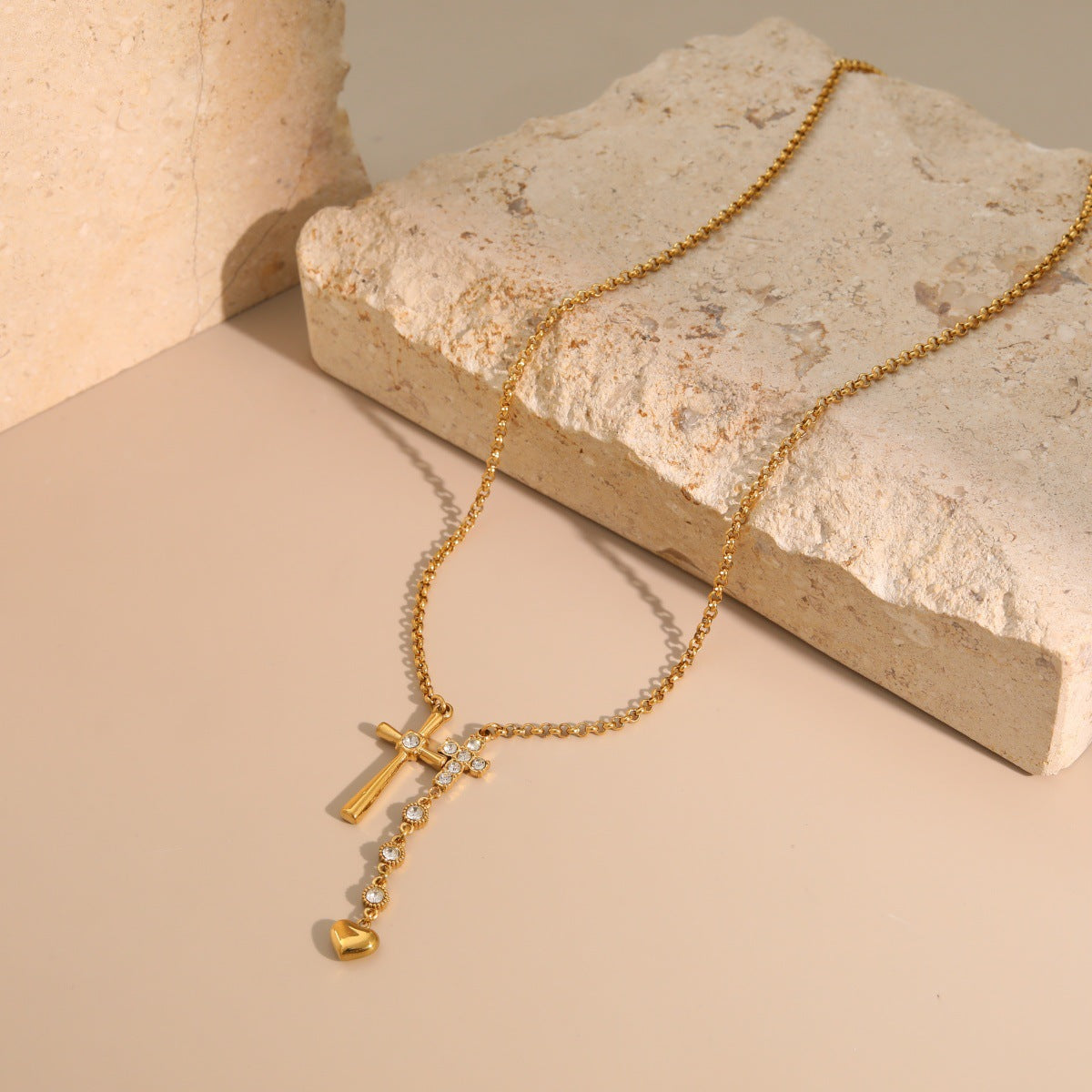 Wholesale Exquisite Stainless Steel Double-Cross  Heart Clavicle Necklace