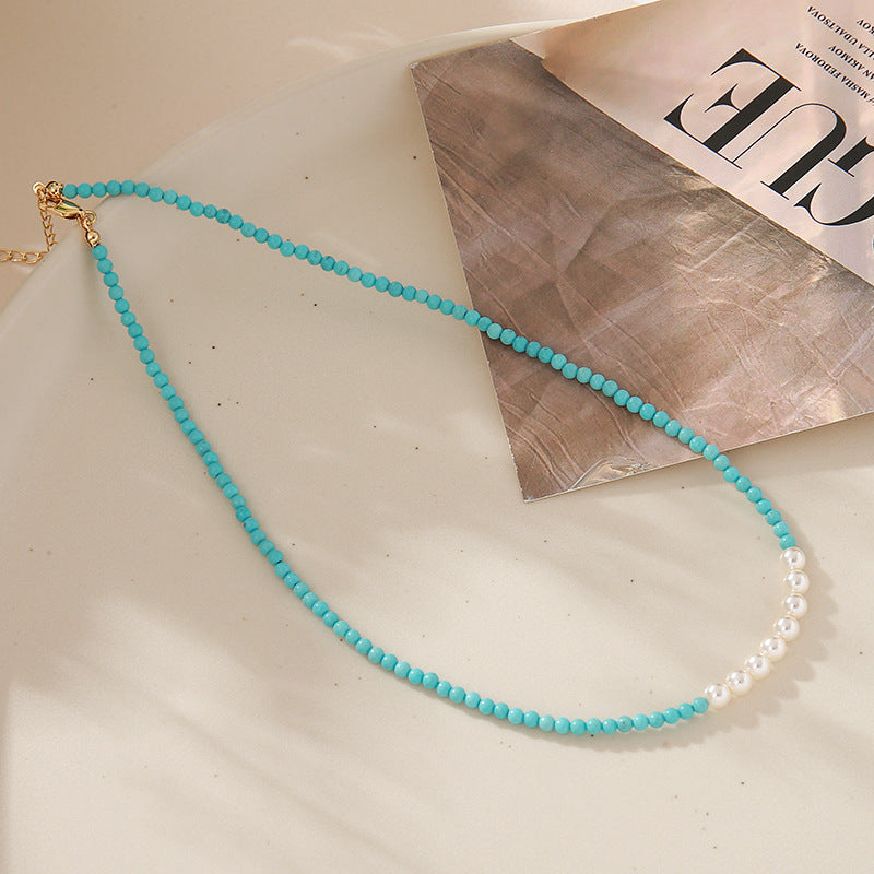 Wholesale Cross-Border European and American Natural Turquoise Necklace for Women,  Light Luxury Niche Style,  Pearl Embellished Collarbone Chain,  Versatile and Fashionable