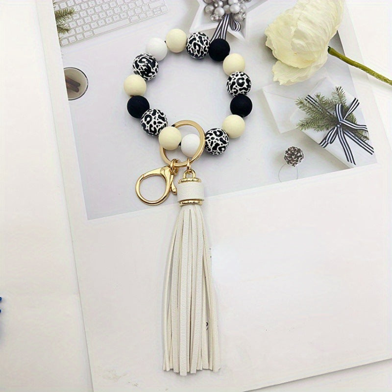 Wholesale Handmade Wooden Bead Keychain Bracelet Celestial Pattern Red Boutique Resale Accessory