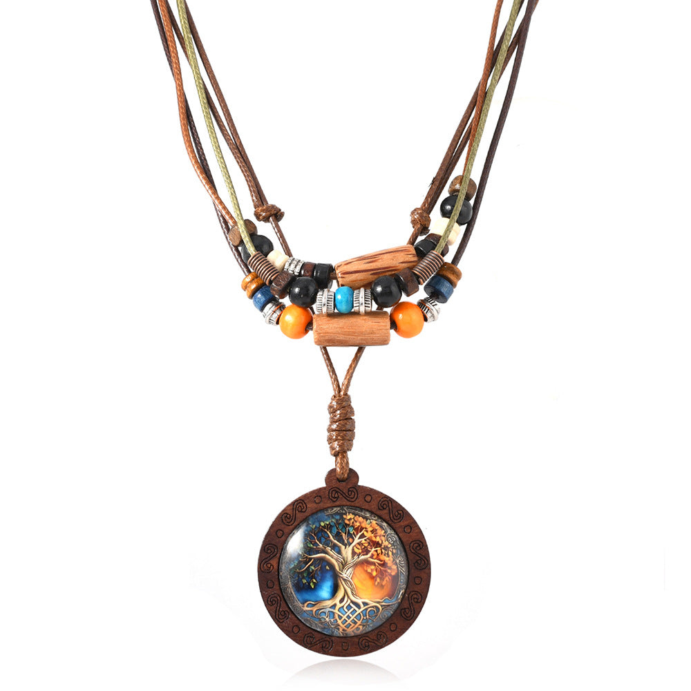 Wholesale Retro Men' s Knitted Layered Tree of Life Beaded Sweater Chain Set
