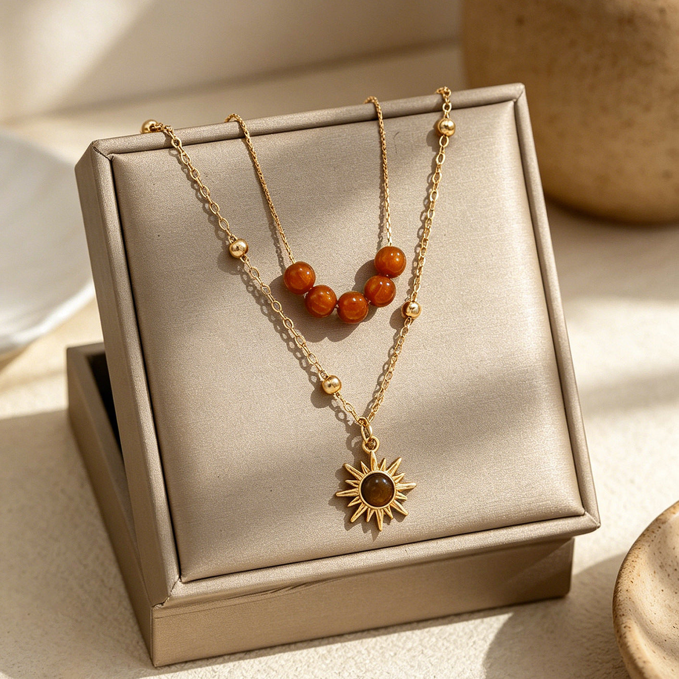 Wholesale Gold Tone Sunflower Tiger Eye Layered Pendant Necklace Trendy Vacation Style Choker Jewelry Accessory Gift