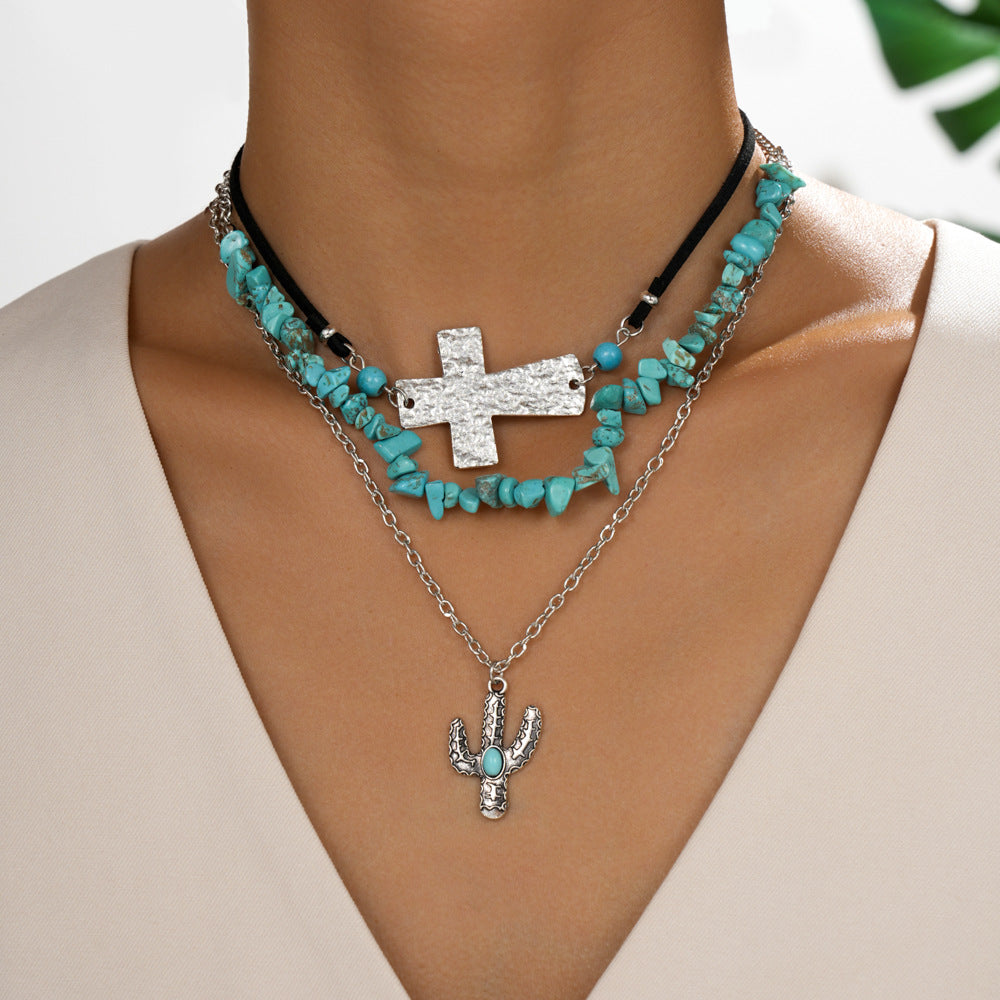 Wholesale Turquoise Cross Cactus Multi-Layer Pendant Necklace Retro Clavicle Chain Niche Design Necklace for Women