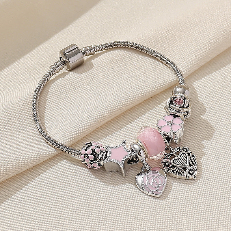 Wholesale  heart painting oil pink heart five-pointed star DIY glass beaded bracelet