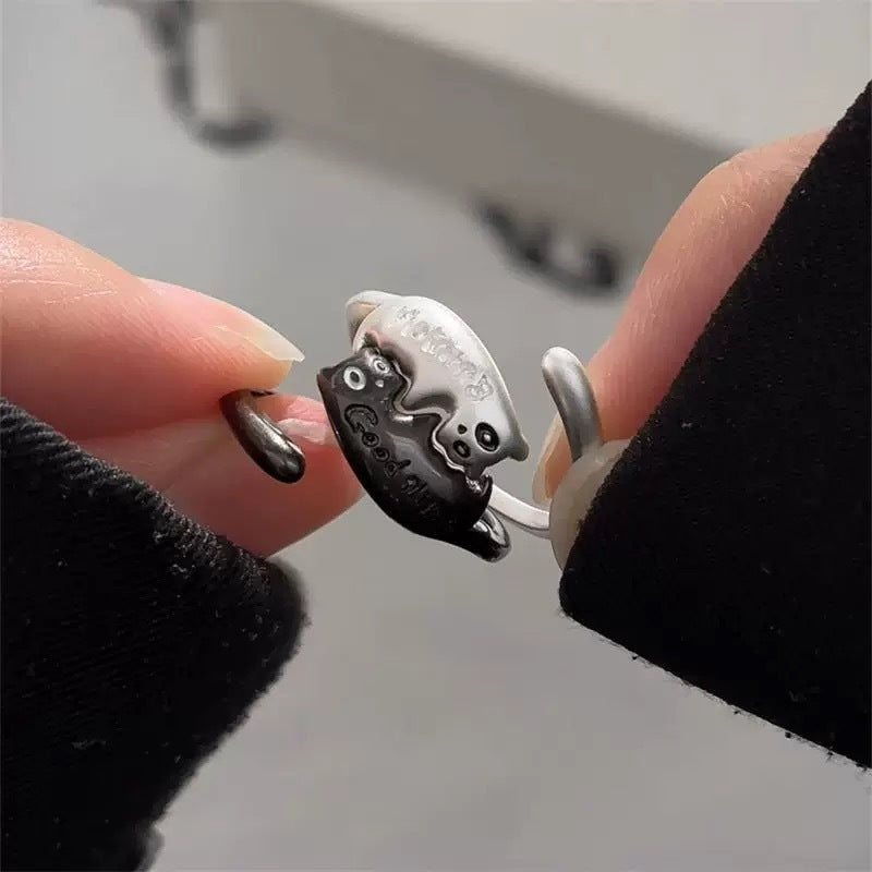 Wholesale Good morning and good night letters black and white cat ring