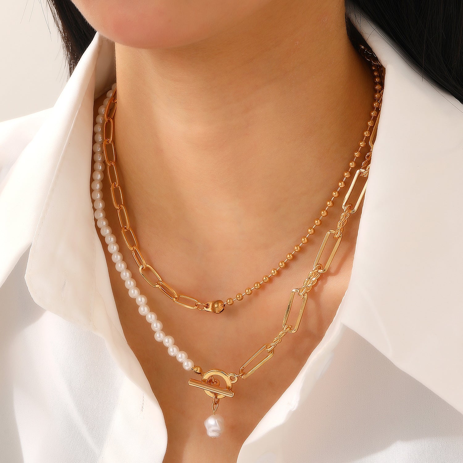 Wholesale Fashion Layered Imitation Pearl Cross Heart Butterfly Necklace Alloy Jewelry for Women