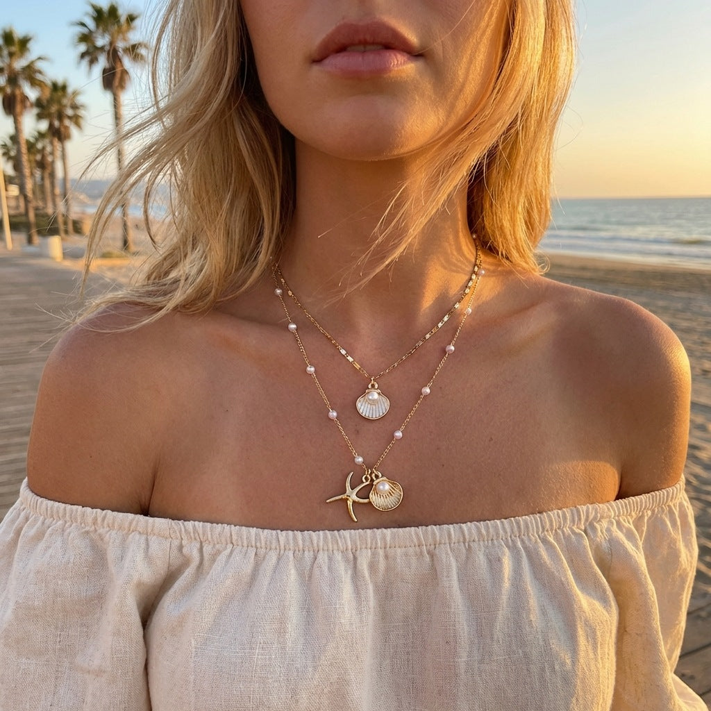 Wholesale Ocean Beach Style Double Layer Shell Starfish Choker Necklace Fashion Layering Jewelry For Party Gift Boutique