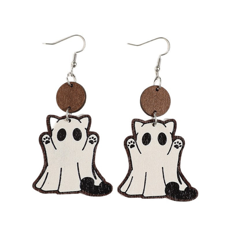 Wholesale  Ghost Cat Wooden Quirky and Cute Earrings