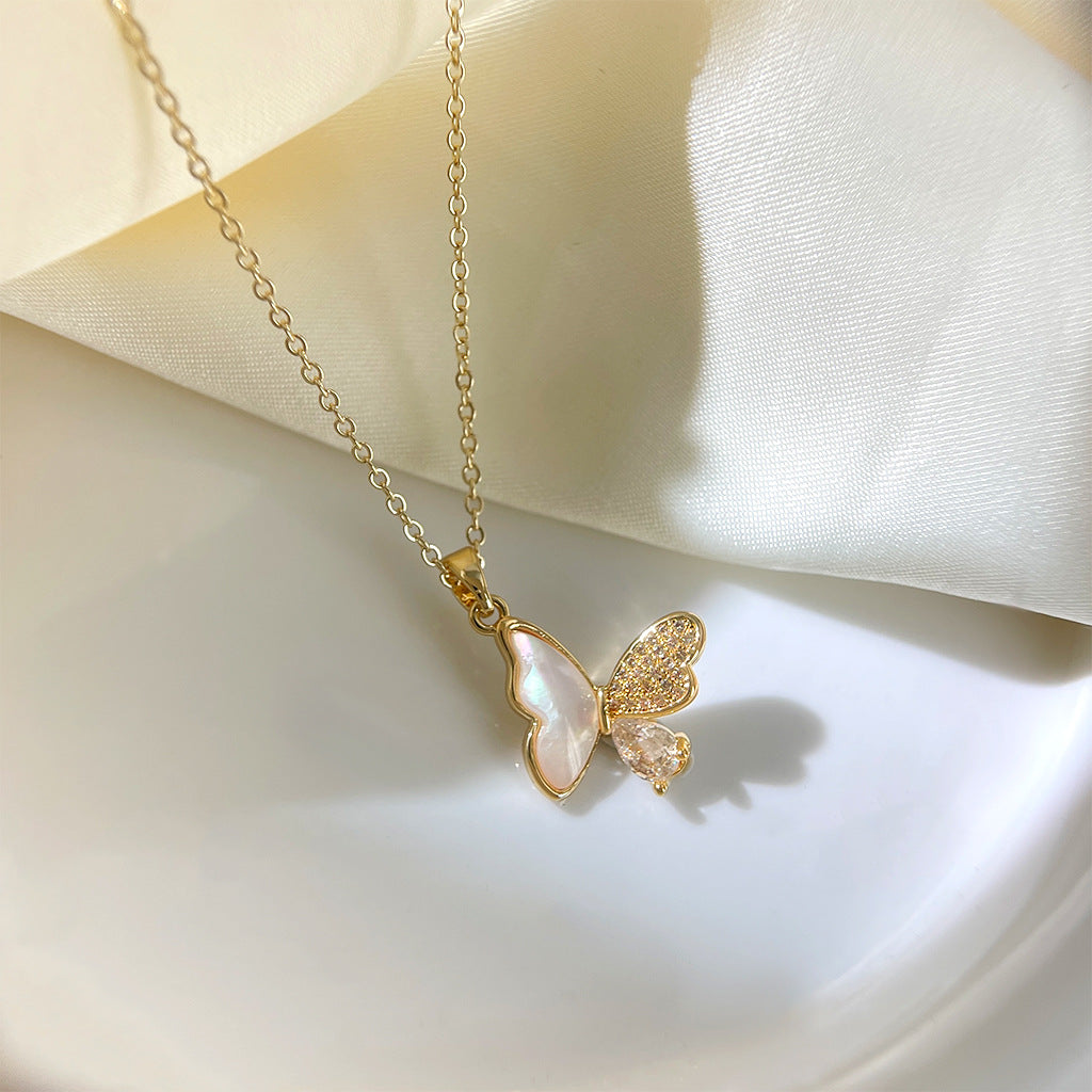 Wholesale White French Style Micro-Pavé Zircon Butterfly Necklace