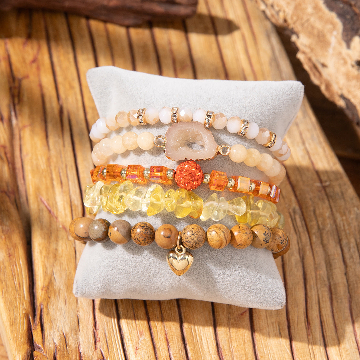 Wholesale 5pcs/set Crushed Rose Quartz Bohemian Beaded Bracelet Set