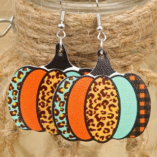 Wholesale Thanksgiving Round Summer Pumpkin Maple Leaf Leopard Print Striped  Women's Leather Earrings