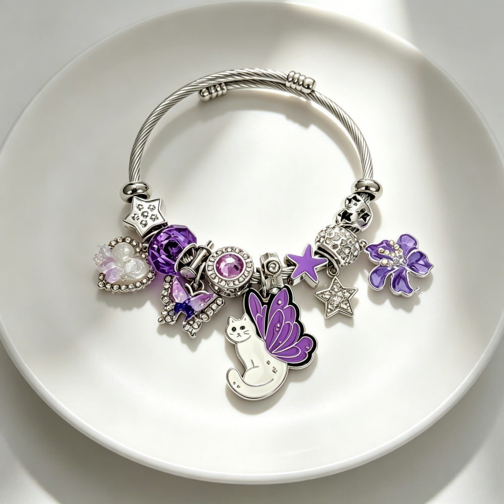 Wholesale Dreamy Purple Cat Design Beaded Bracelet Stainless Steel With Star Butterfly Flower Charms Fashion Accessory Gift