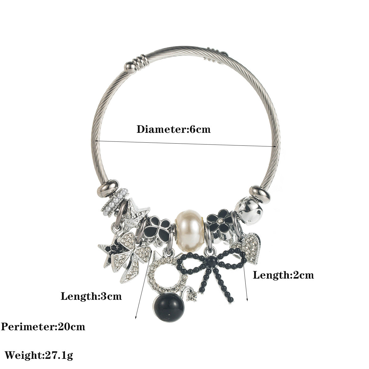 Wholesale Trendy Black Alloy Pearl Rhinestone Bow Star Pendant Charm Bracelet Jewelry Accessory Boutique Resale