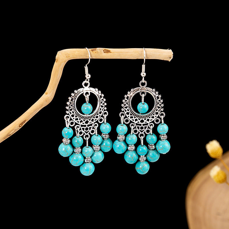 Wholesale Retro Ethnic Style Blue Turquoise Hollow Ring Flower Tassel Earrings Jewelry Accessory