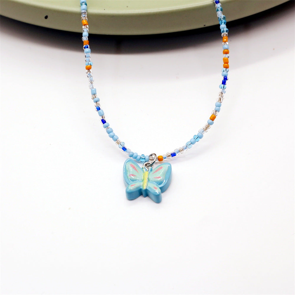 Wholesale Color Beaded Necklace Cartoon Cute Butterfly Love Clavicle Chain