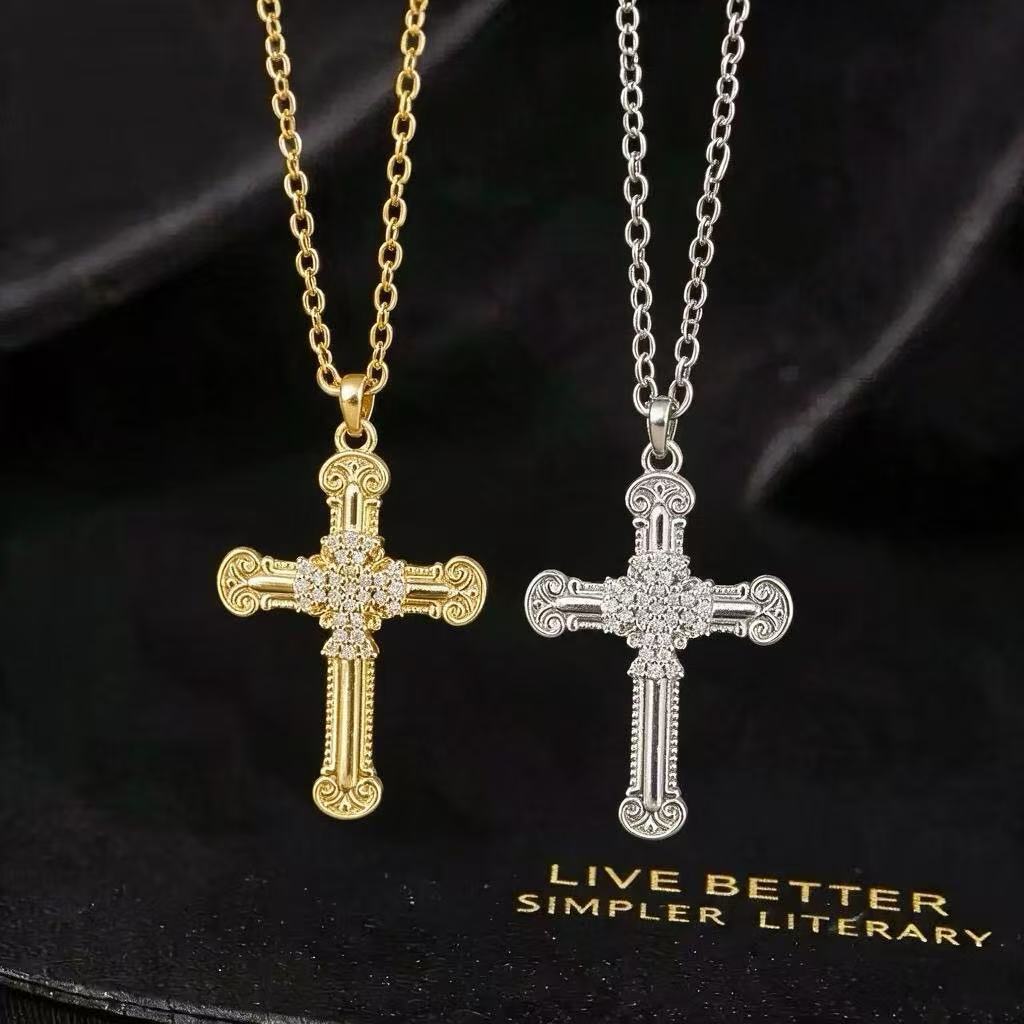 Wholesale Gold Plated Copper Micro Set Zircon Cross Necklace Fashion Accessory For Boutique Resale