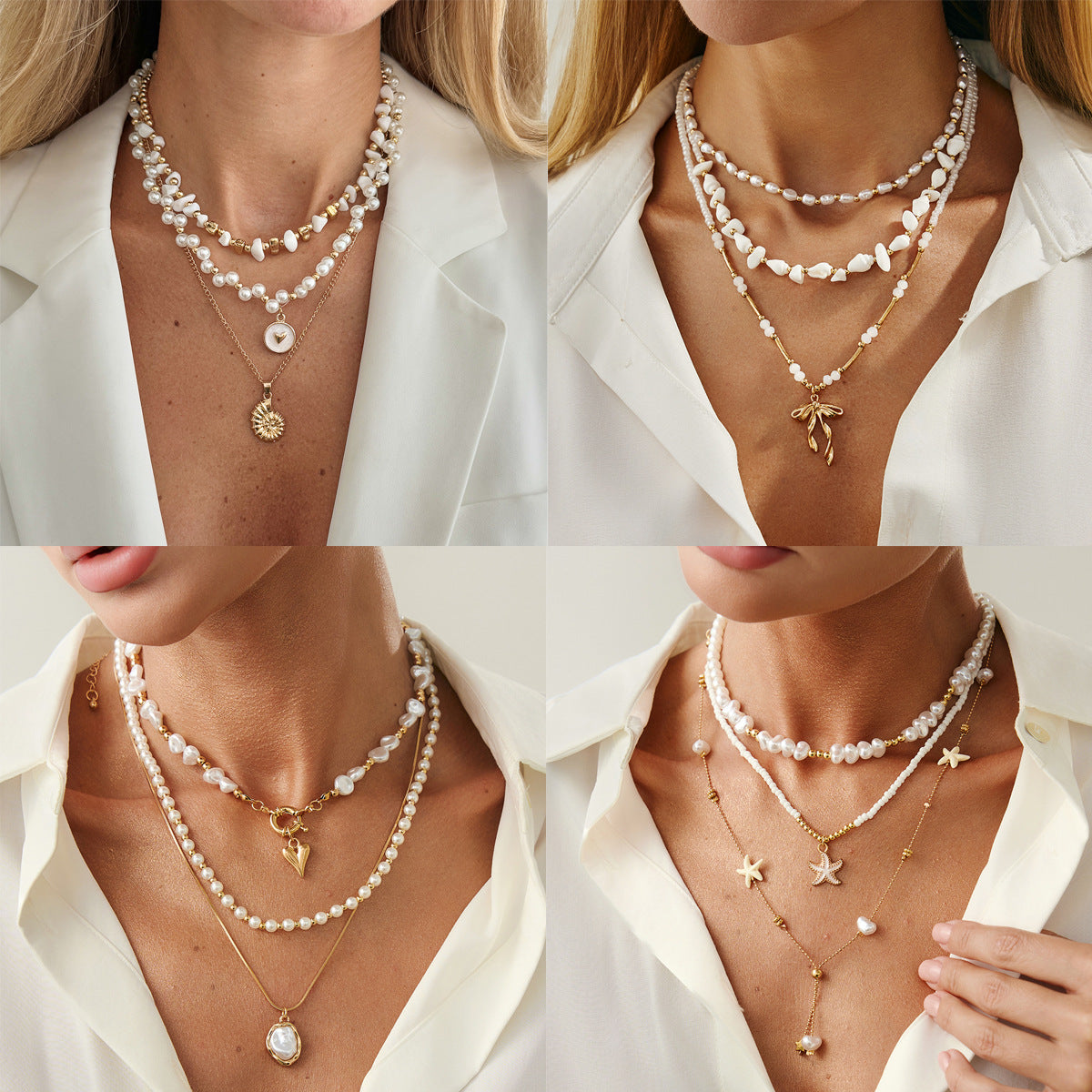 Wholesale Ocean Style Fish Tail Imitation Pearl Pendant Necklace,  Alloy Electroplating,  Multi-Layer,  Fashion Jewelry Accessory for Resale