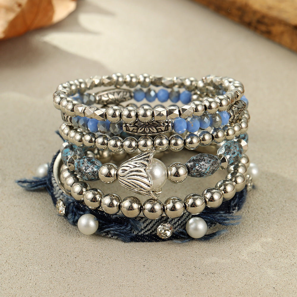 Wholesale Vintage Stacked Turquoise Cross Beaded Pearl Turkish Eye Bracelet Set